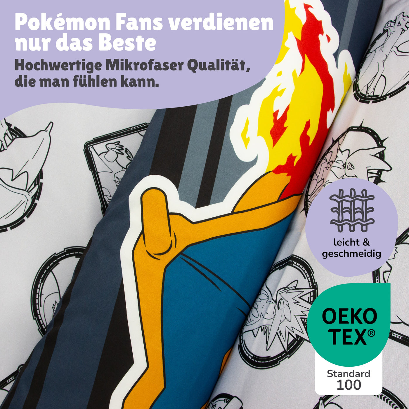 Pokémon Bettwäsche Set 2-teilig Motiv Fire - Deckenbezug 135x200 Kissenbezug 80x80 cm - Pokemon Microfaser Kinderbettwäsche mit Reißverschluss