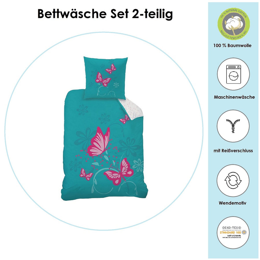 Beschreibung Material und Waschhinweise Bettwäsche mit Schmetterling mit türkis weißer Wendeseite 135x200 