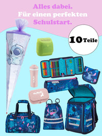 Infotafel 10-teiliges Set mit: Turnbeutel, Geldbeutel, Schlamperrolle, Regenschutz, gefüllter Federmappe, Dose, Flasche, Sporttasche und Schultüte 85cm mit Stitch Motiv