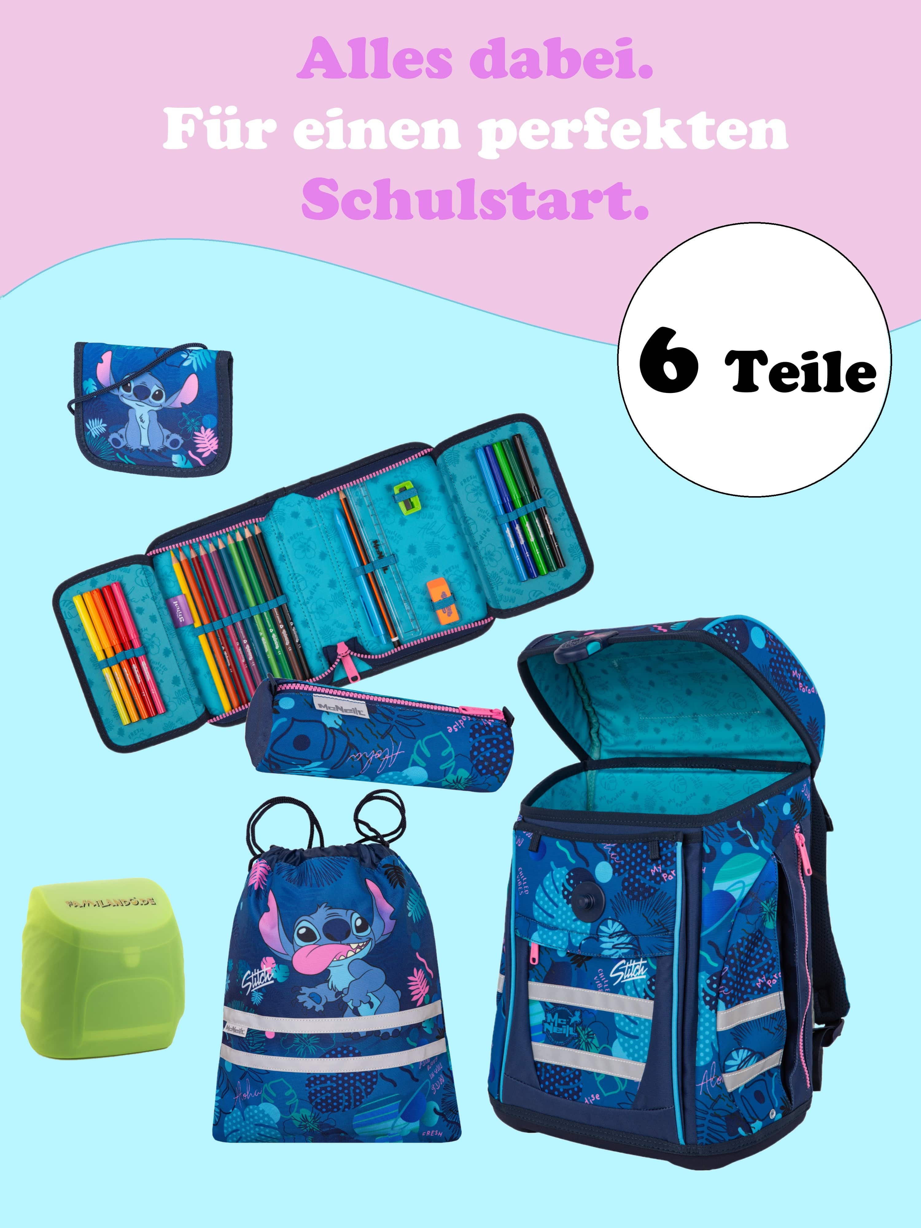 Infotafel 6-teiliges Set mit: Turnbeutel, Geldbeutel, Schlamperrolle, Regenschutz und gefüllter Federmappe