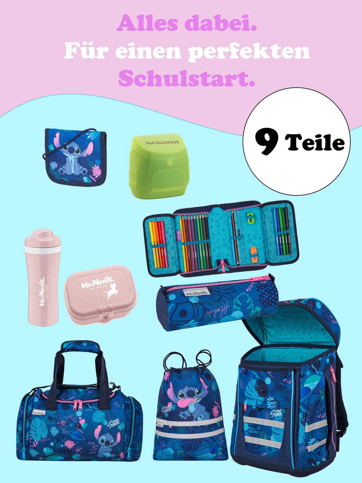 Infotafel 9-teiliges Set mit: Turnbeutel, Geldbeutel, Schlamperrolle, Regenschutz, gefüllter Federmappe, Dose, Flasche und Sporttasche