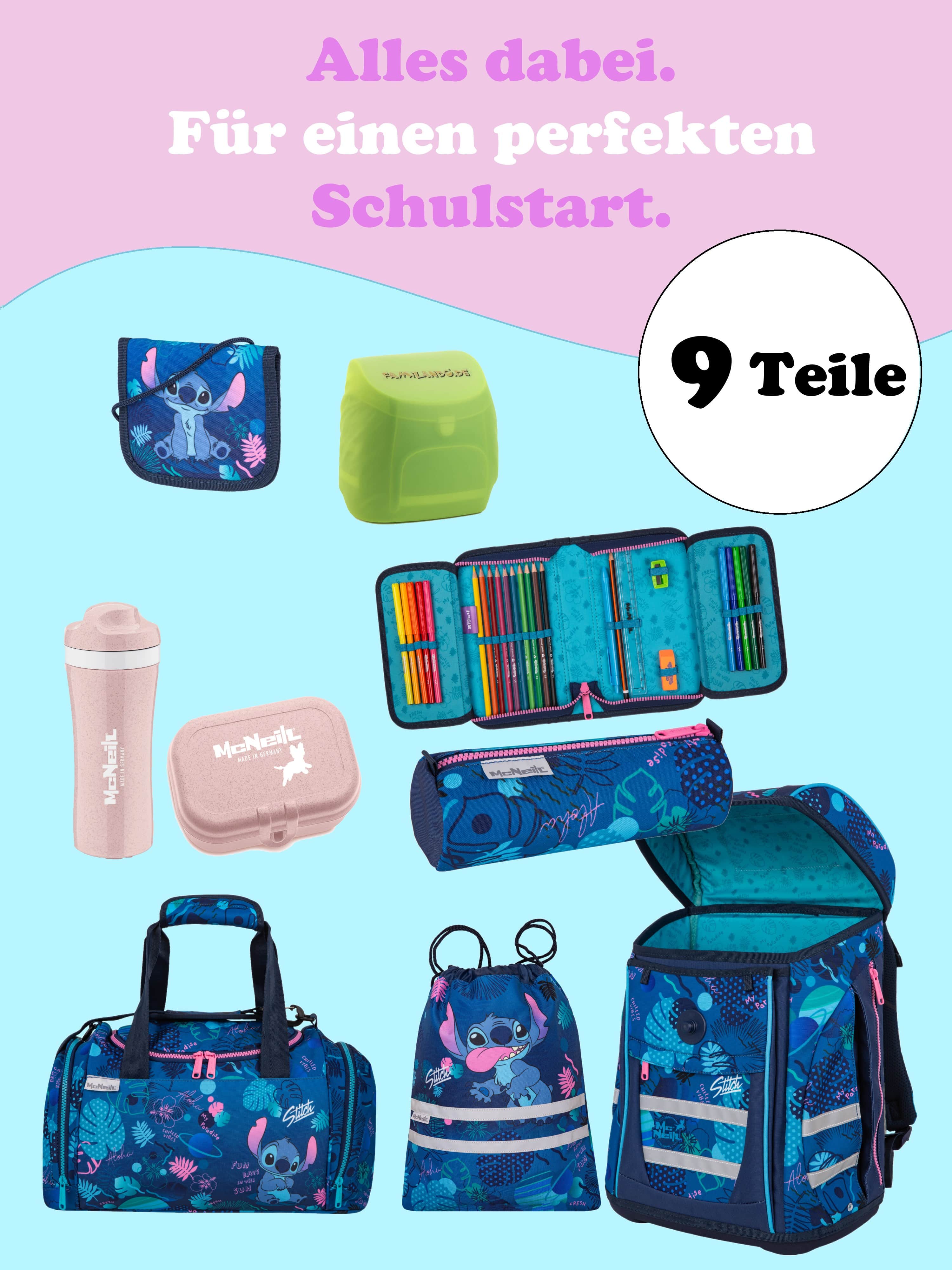 Infotafel 9-teiliges Set mit: Turnbeutel, Geldbeutel, Schlamperrolle, Regenschutz, gefüllter Federmappe, Dose, Flasche und Sporttasche