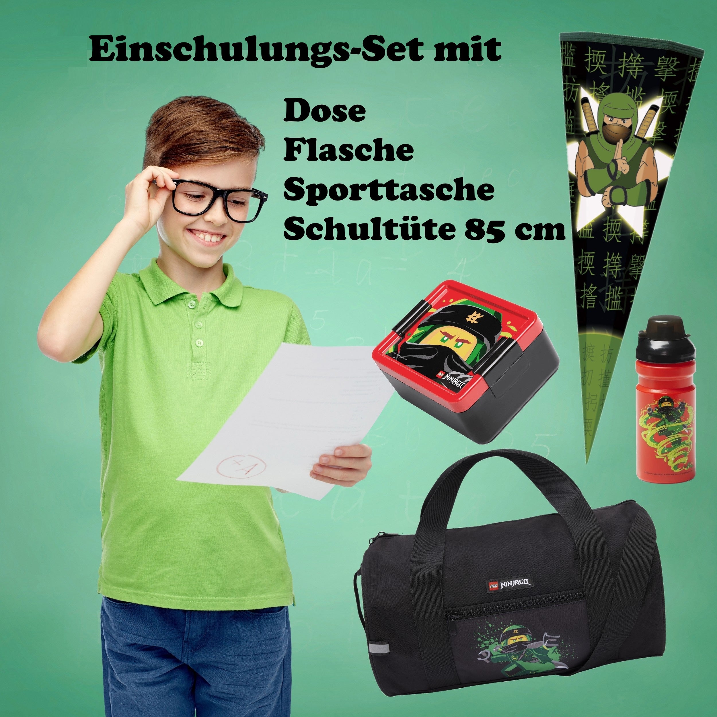 Infotafel Extra-Inhalt 10-teiliges Set: Dose Flasche Sporttasche Schultüte 85 cm