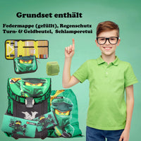 Infotafel Inhalt 6-teiliges Set: Ranzen, Federmappe, Turn- & Geldbeutel, Schlamperetui, Regenschutz