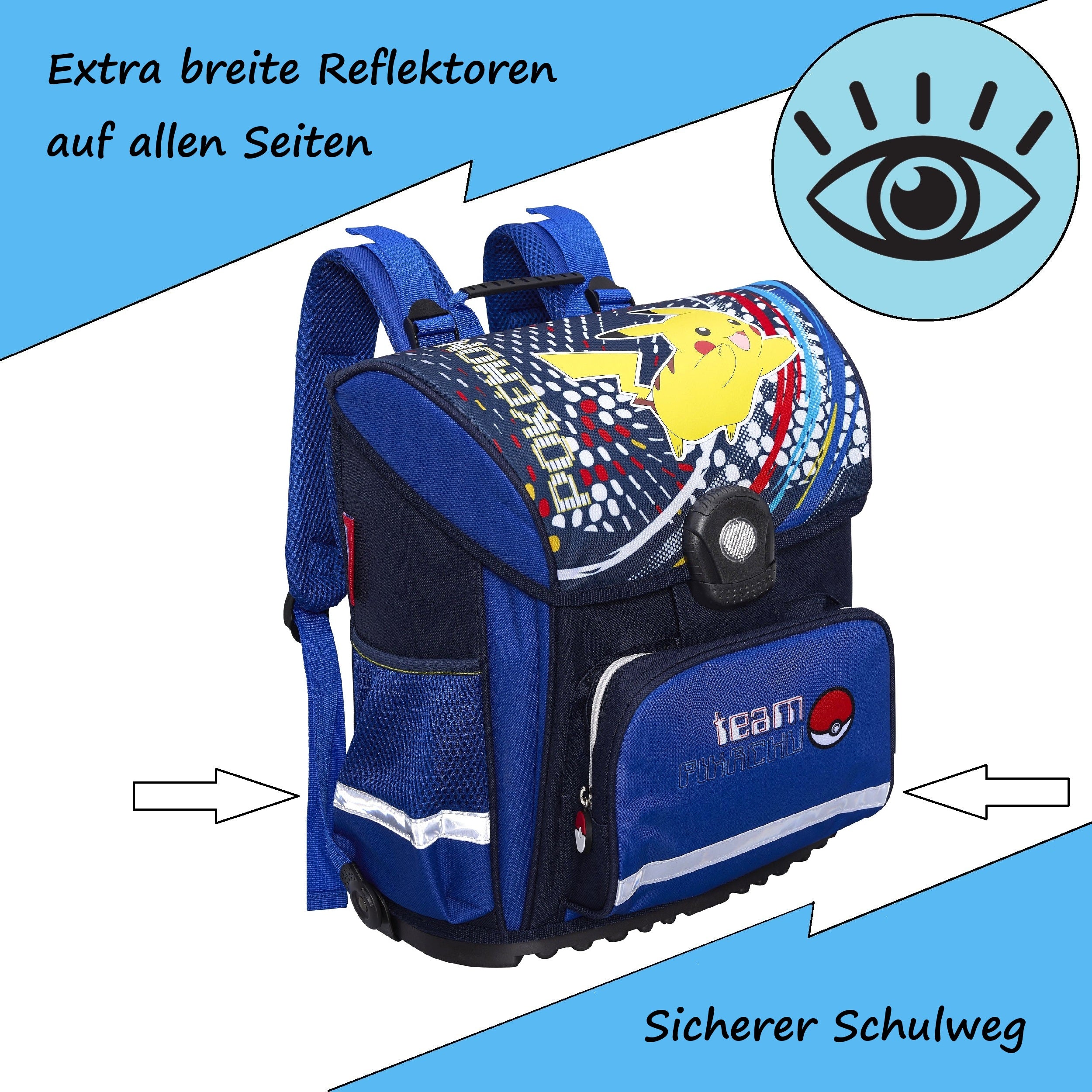 Infotafel Sichtbarkeit des Schulranzens dank breiter Reflektoren auf allen Seiten