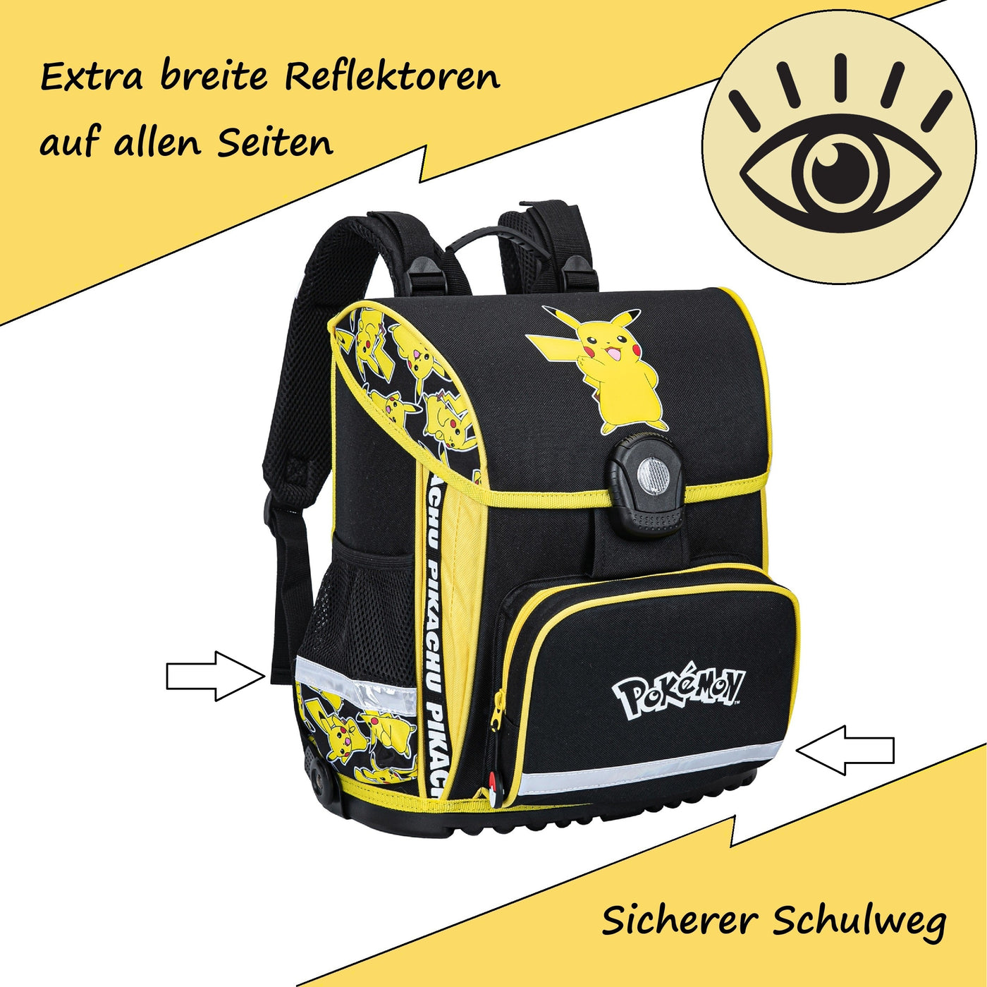 Infotafel Sichtbarkeit des Schulranzens dank gelber Farbe und breiten Reflektoren auf allen Seiten