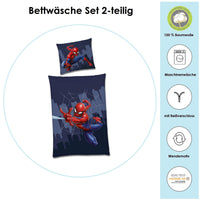 Vorderseite Spiderman Bettwäsche für Jungen blau mit Netz und Spinnen in der Stadt