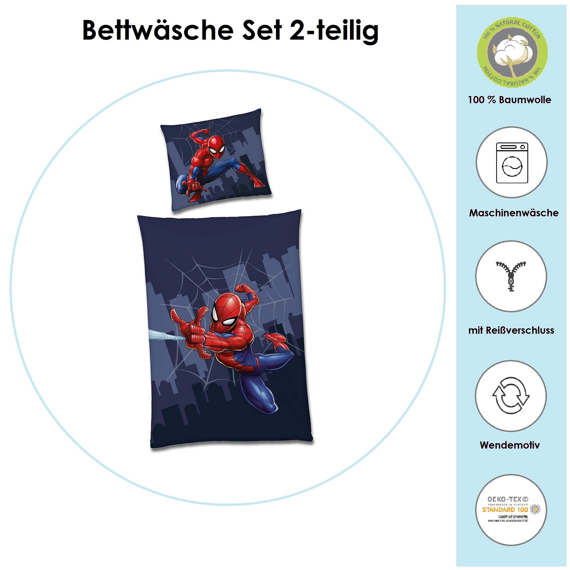 Vorderseite Spiderman Bettwäsche für Jungen blau mit Netz und Spinnen in der Stadt