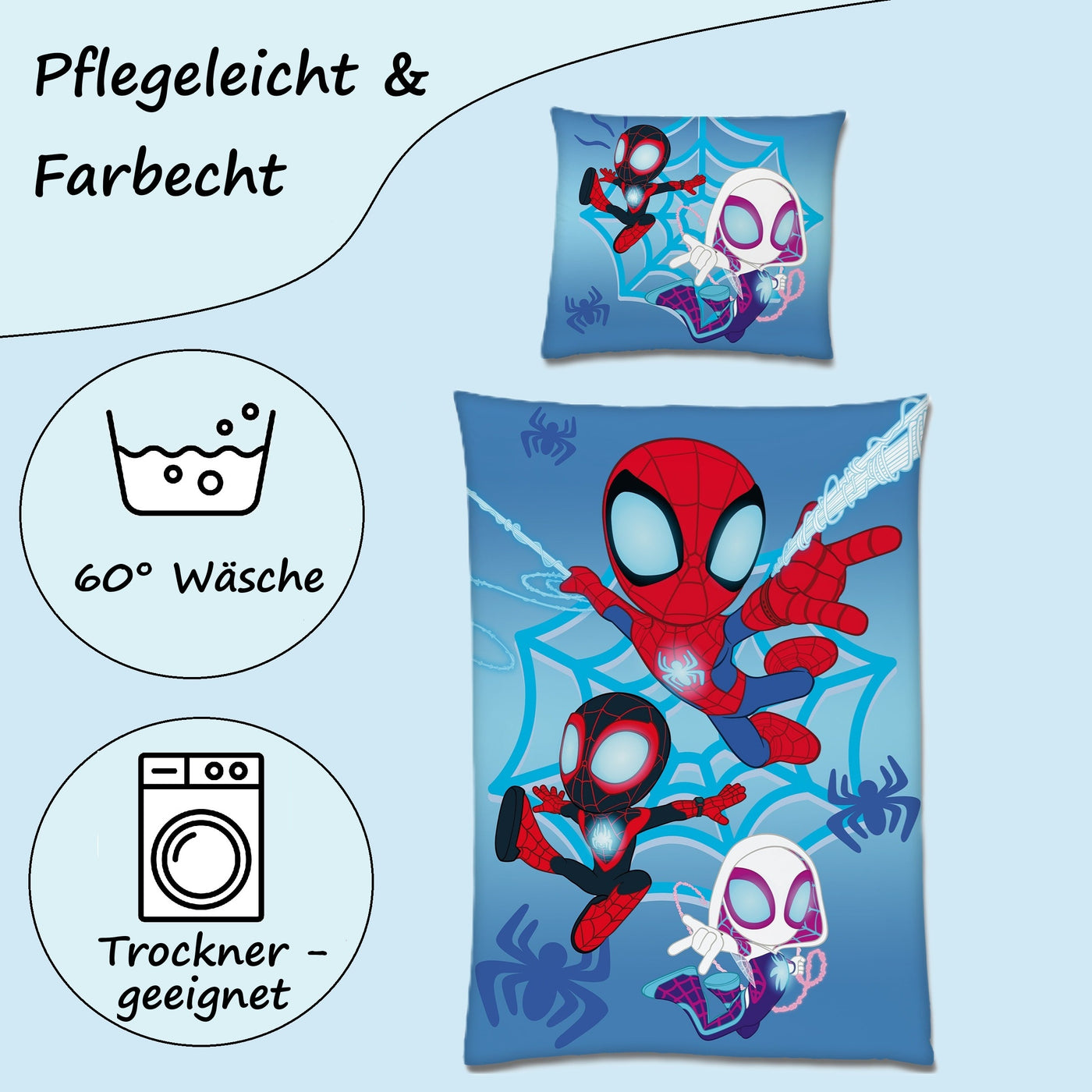Spidey Bettwäsche Blau-Weiß für Jungen 135x200cm 80x80cm im Comic Stil aus 100% Baumwolle mit Reißverschluss