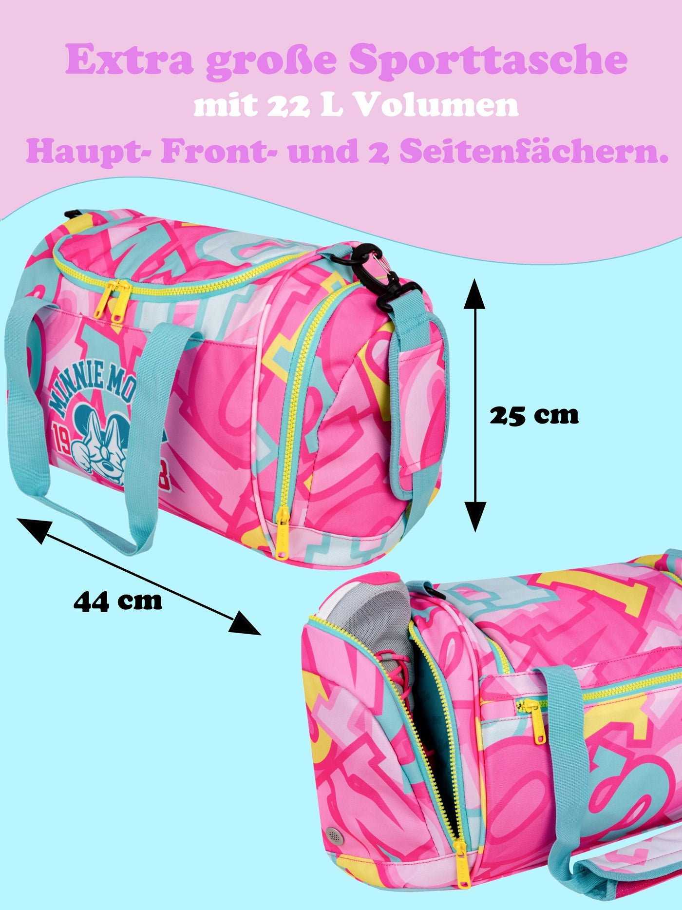 Große Sporttasche rosa mit Minnie Mouse Motiv passend zum Schulranzen
