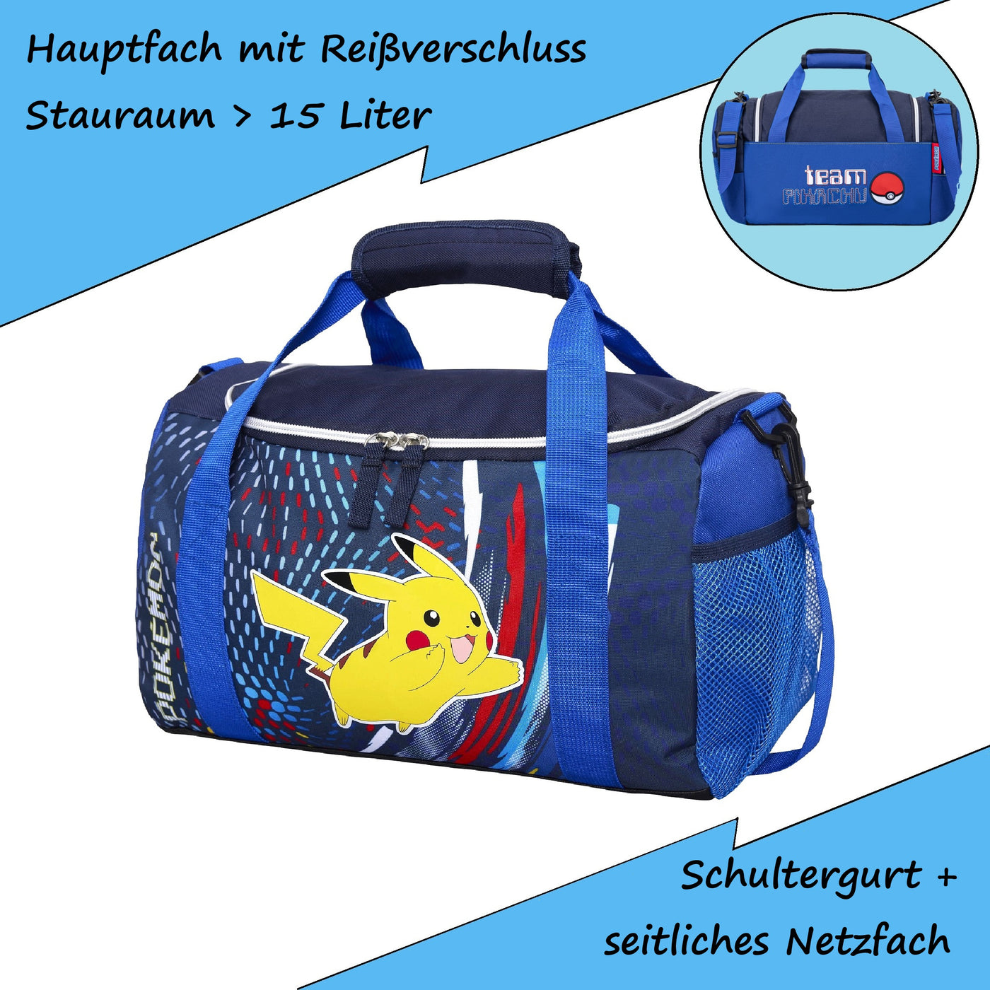 Infotafel Stauraum und Verschlüsse der Sporttasche passend zum Schulranzen