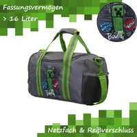 Ansicht Sporttasche grau mit grünem Creeper + Detailbild des Creepers