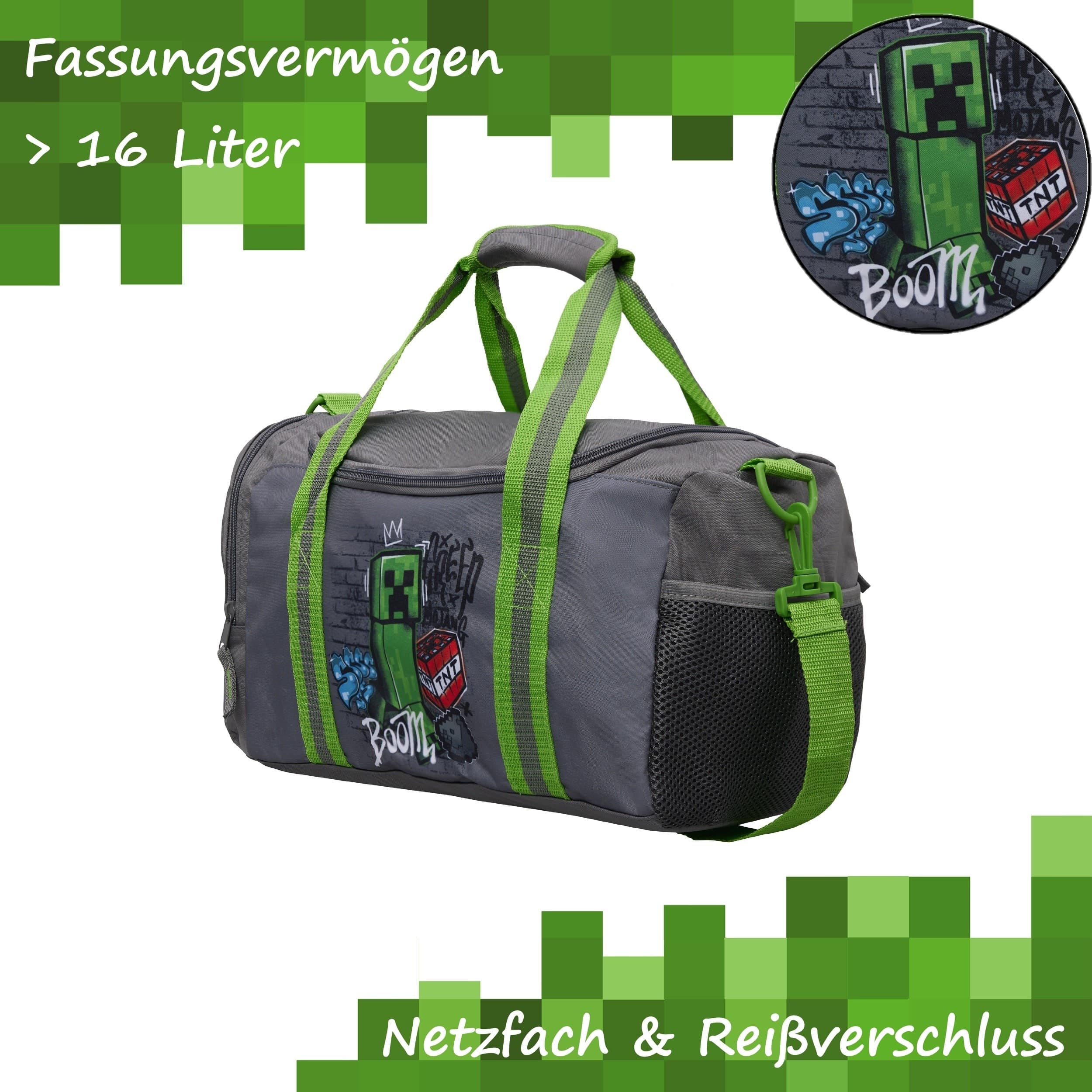 Ansicht Sporttasche grau mit grünem Creeper + Detailbild des Creepers