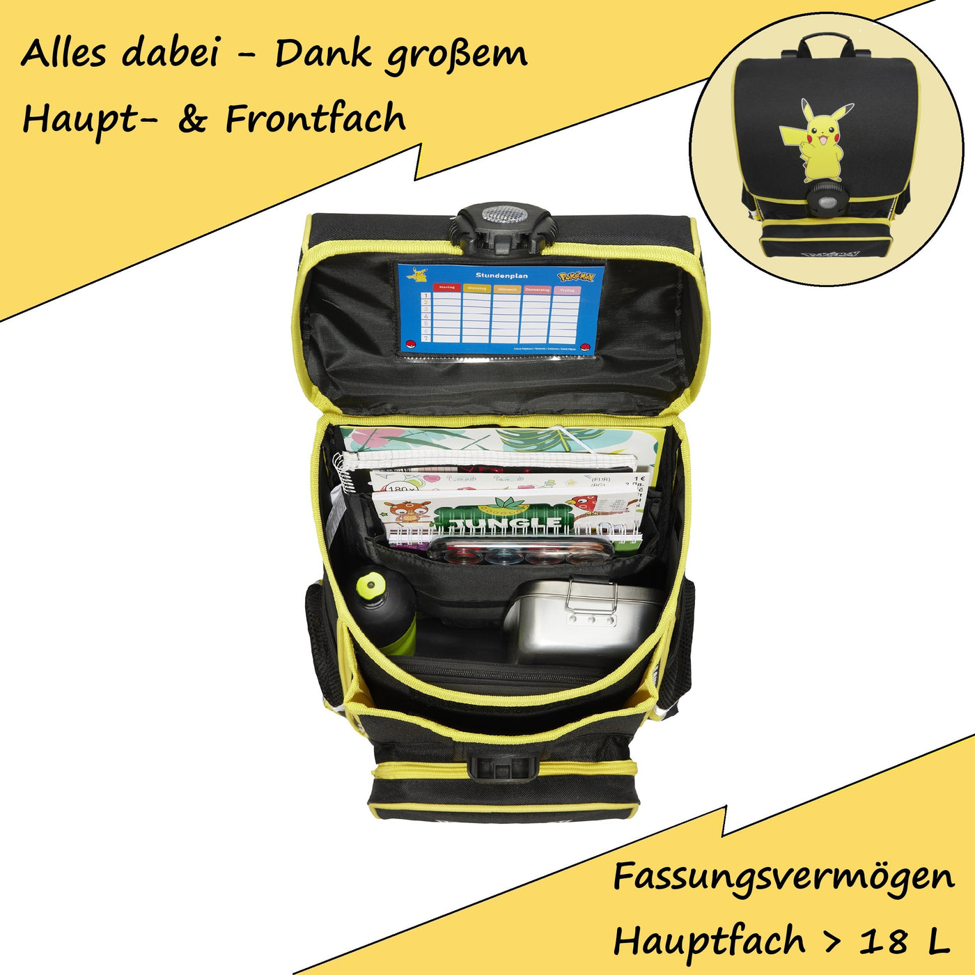 Infotafel mit Innenansicht des Schulranzens mit 18 L Stauraum