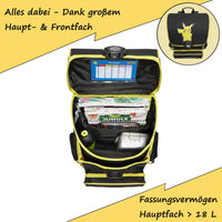 Infotafel mit Innenansicht des Schulranzens mit 18 L Stauraum