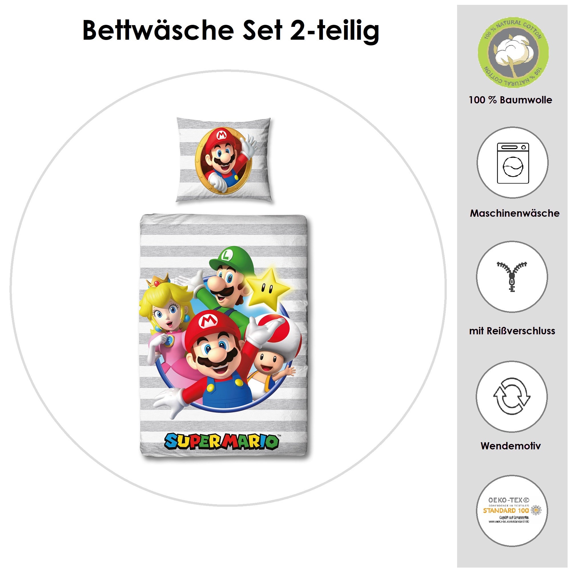 Infotafel Material und Waschhinweise der Super Mario Bettwäsche aus 100% Baumwolle mit Reißverschluss