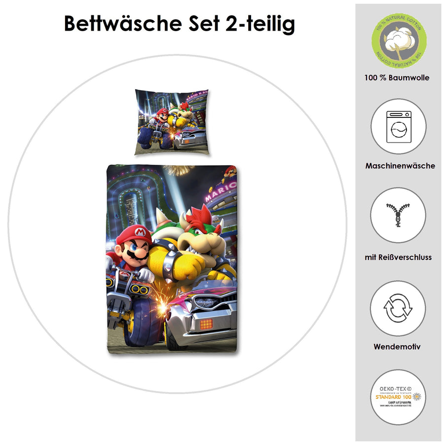 Infotafel Material und Waschhinweise Super Mario Kart Bettwäsche aus 100% Baumwolle mit Reißverschluss