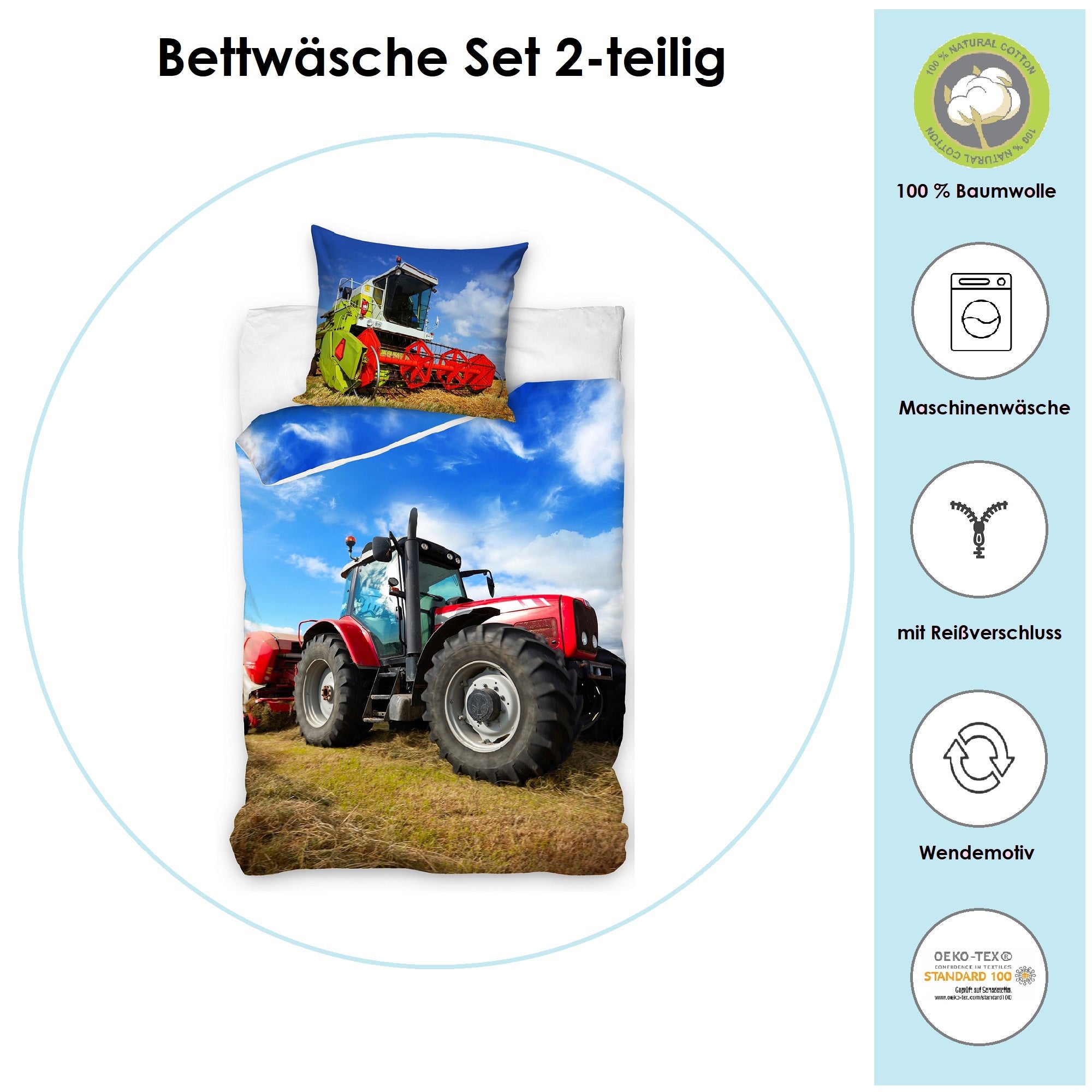 Infotafel Material und Waschhinweise der Bettwäsche aus 100% Baumwolle mit Reißverschluss