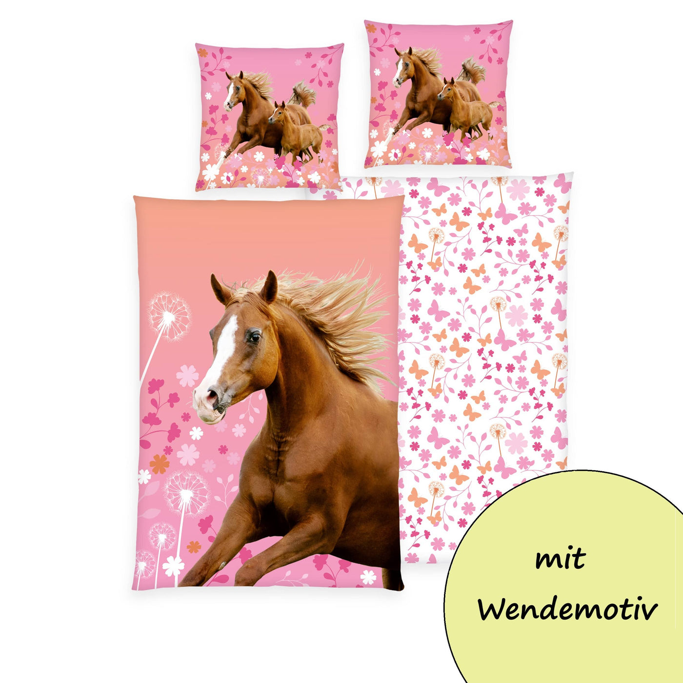 Pferde Bettwäsche Set 2-teilig 135x200 80x80 cm - Renforcé Bettwäsche für Mädchen aus 100% Baumwolle mit Reißverschluss - Rosa, Öko-Tex zertifiziert