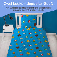 Rückseite der Super Mario Bettwäsche blau mit dezentem Muster auf Bett gezogen