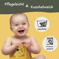 Infotafel mit lachendem Baby zur Waschbarkeit
