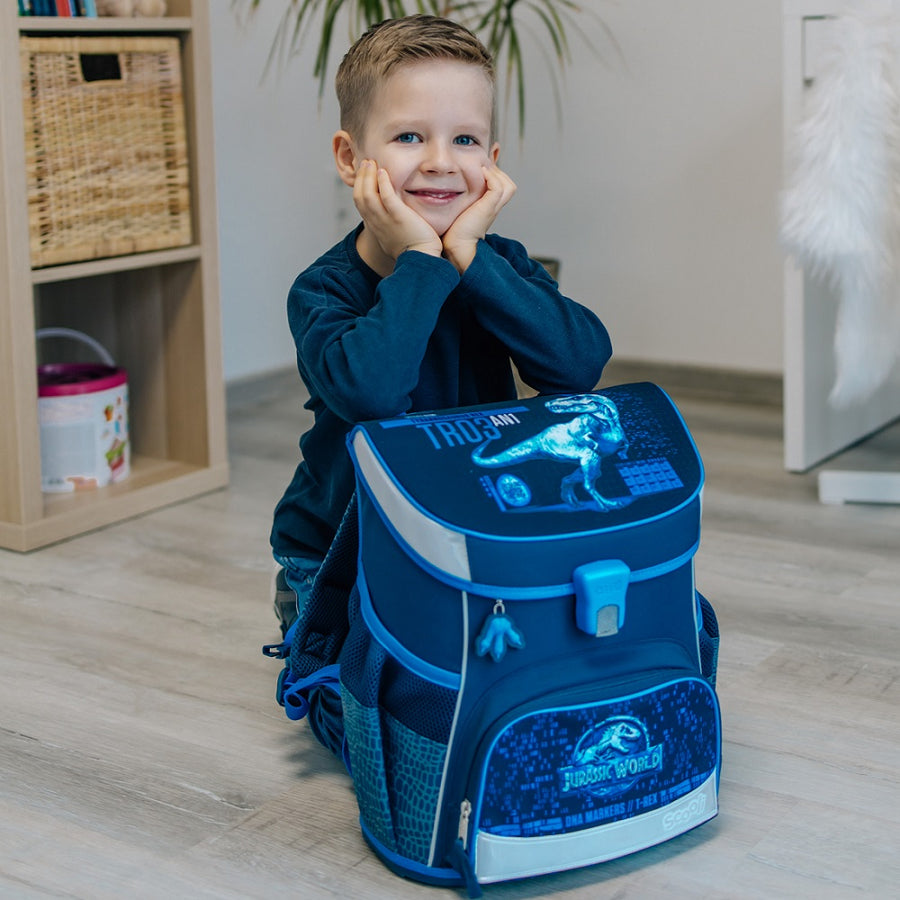 Scooli Campus Fit Pro Schulranzen mit Dino Motiv Jurassic World in Blau für Jungen ab der 1. Klasse