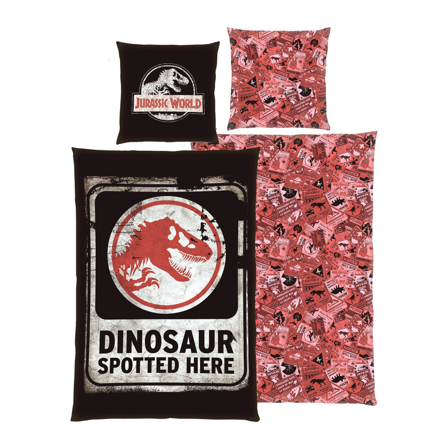 Jurassic World Bettwäsche auf Bett gezogen mit Emblem auf Kopfkissen- und Deckenbezug