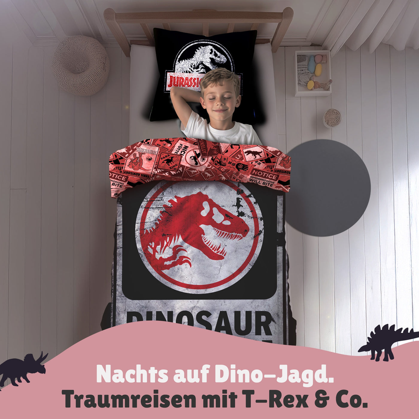 Junge schläft seelig lächelnd in der Jurassic World Bettwäsche