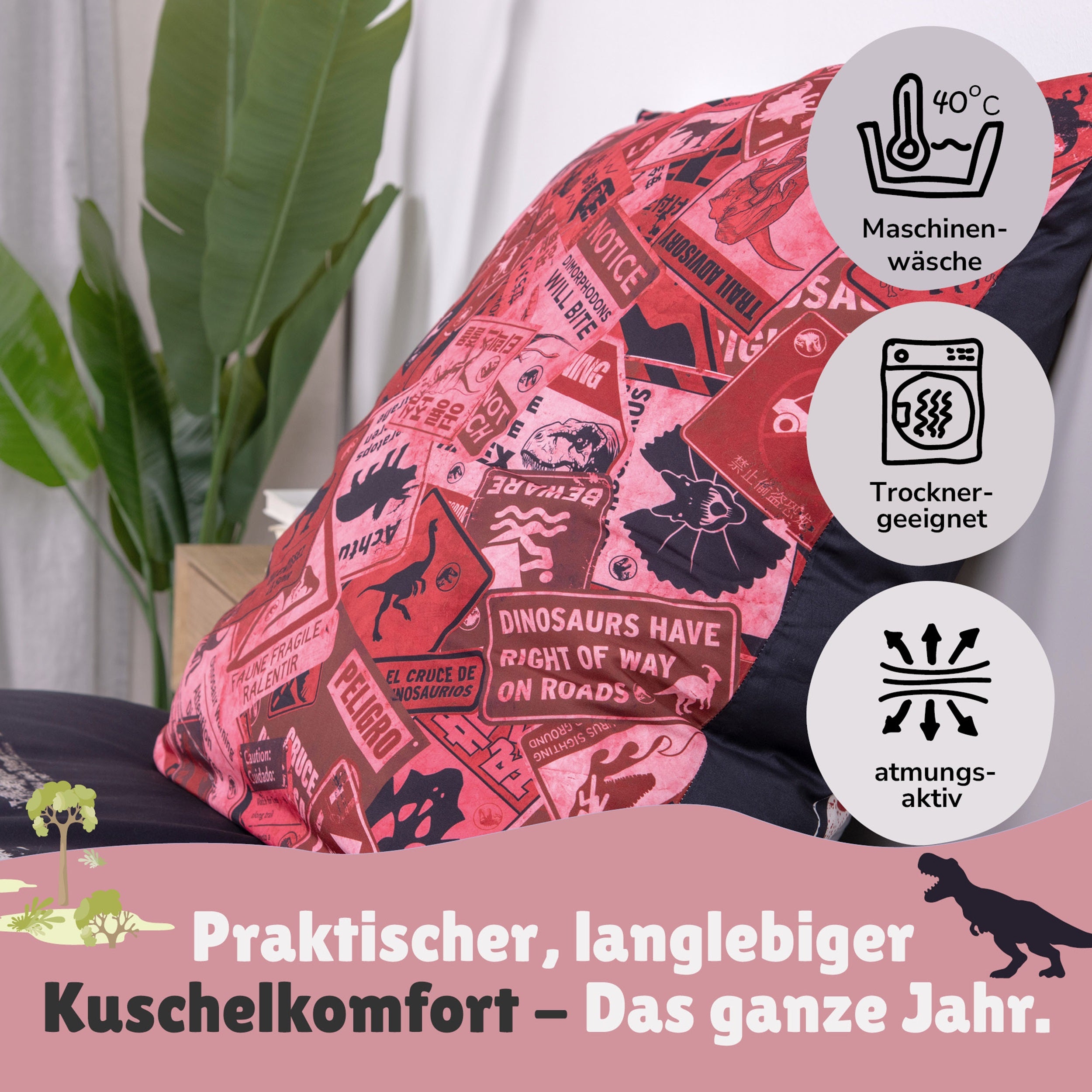 Infotafel Pflege Maschinenwäsche und Trocknergeeignet und Reißverschluss an der Bettwäsche