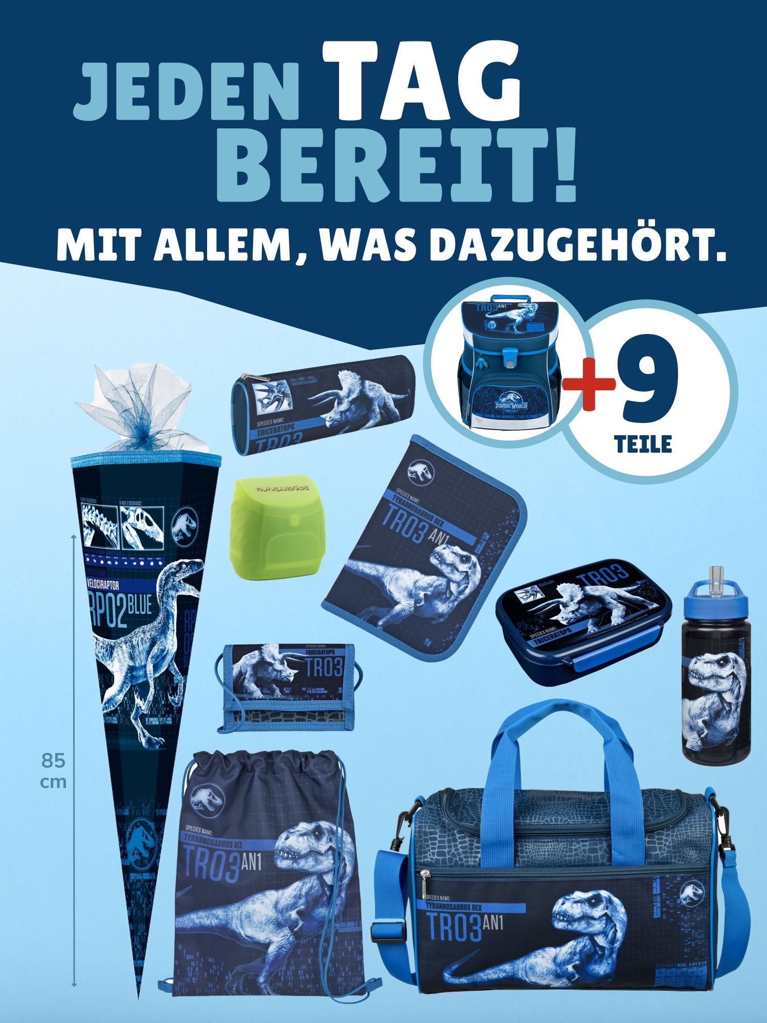 Scooli Campus Fit Schulranzen Set Jurassic World, T-Rex blau - Dinosaurier Schultasche 1. Klasse
