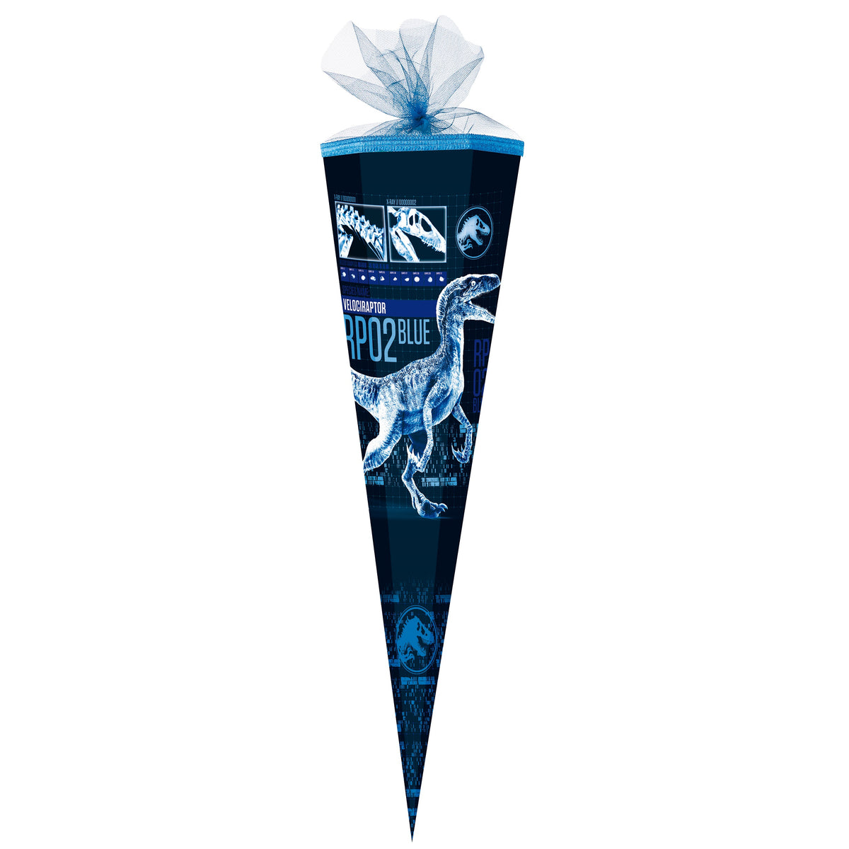Große Schultüte mit Dinosaurier/ Zuckertüte mit Jurassic World Motiv in blau mit Velociraptor