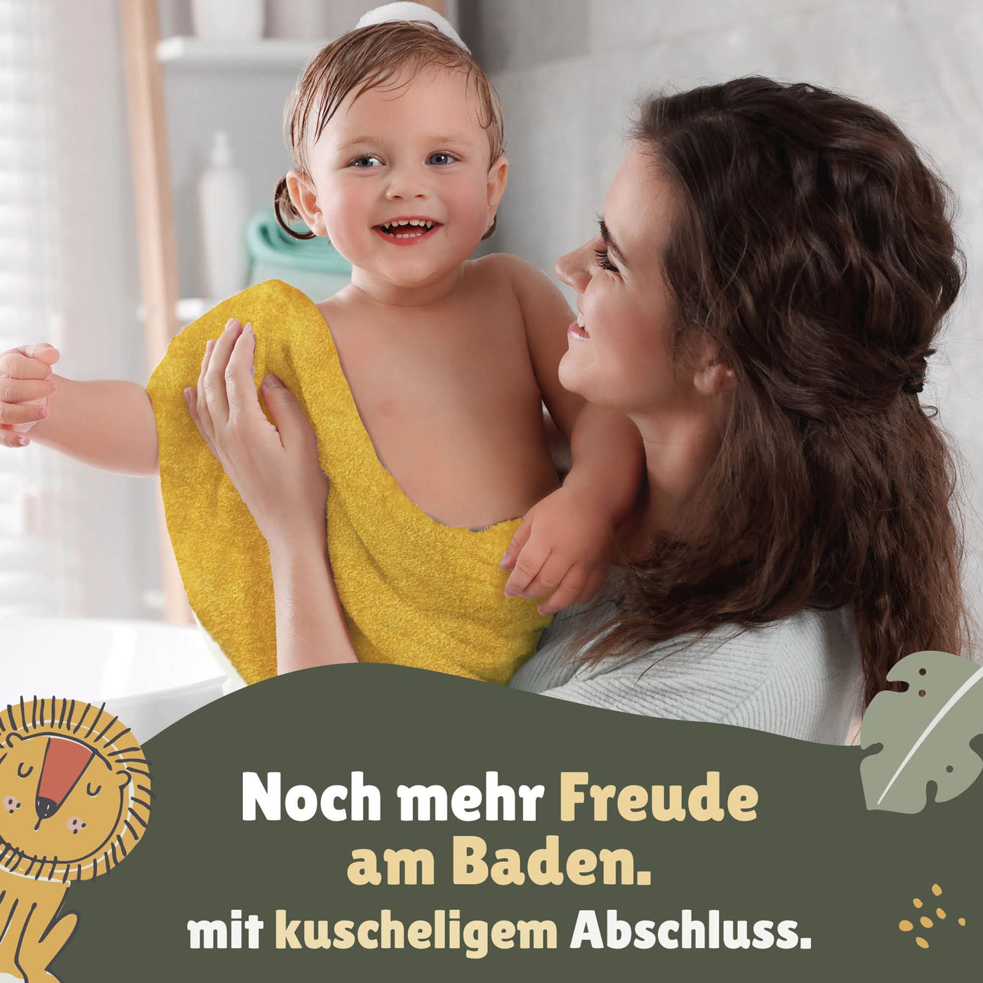 Löwenhandtuch für Kinder gefaltet auf passendem Bettbezug