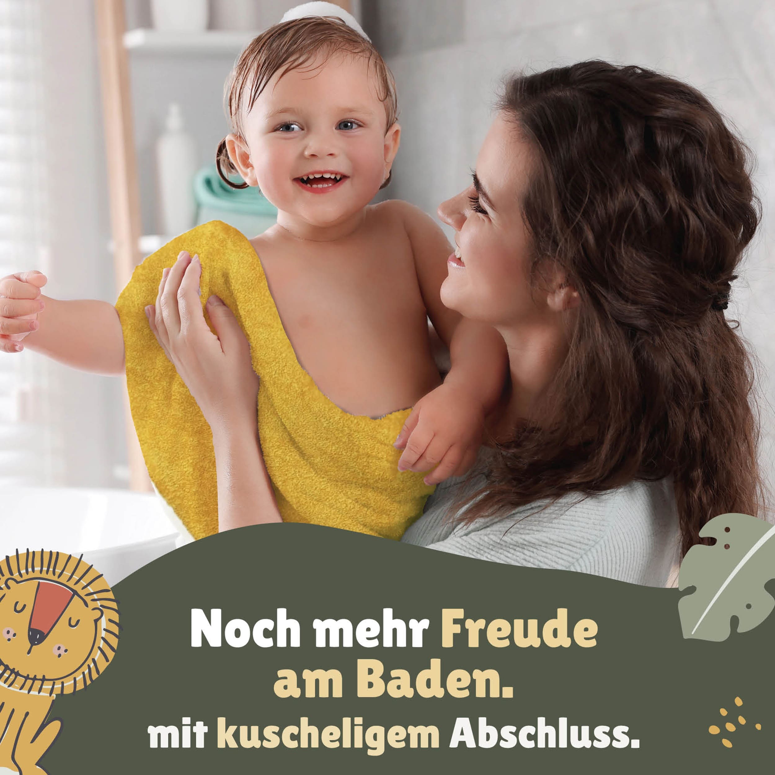 Löwenhandtuch für Kinder gefaltet auf passendem Bettbezug