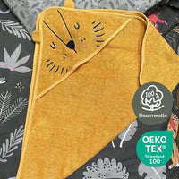 Kapuzenhandtuch für Kinder Motiv Löwe 80x80 cm gelbes Babybadetuch mit Ohren aus 100% Baumwolle