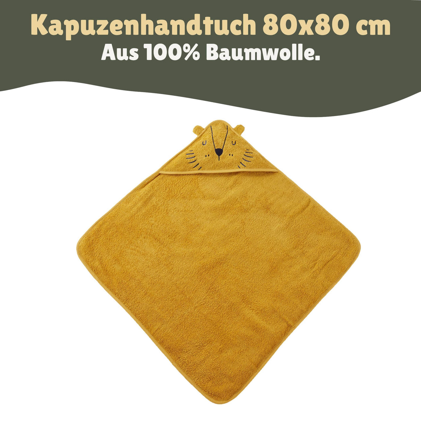 Kapuzenhandtuch für Kinder Motiv Löwe 80x80 cm gelbes Babybadetuch mit Ohren aus 100% Baumwolle