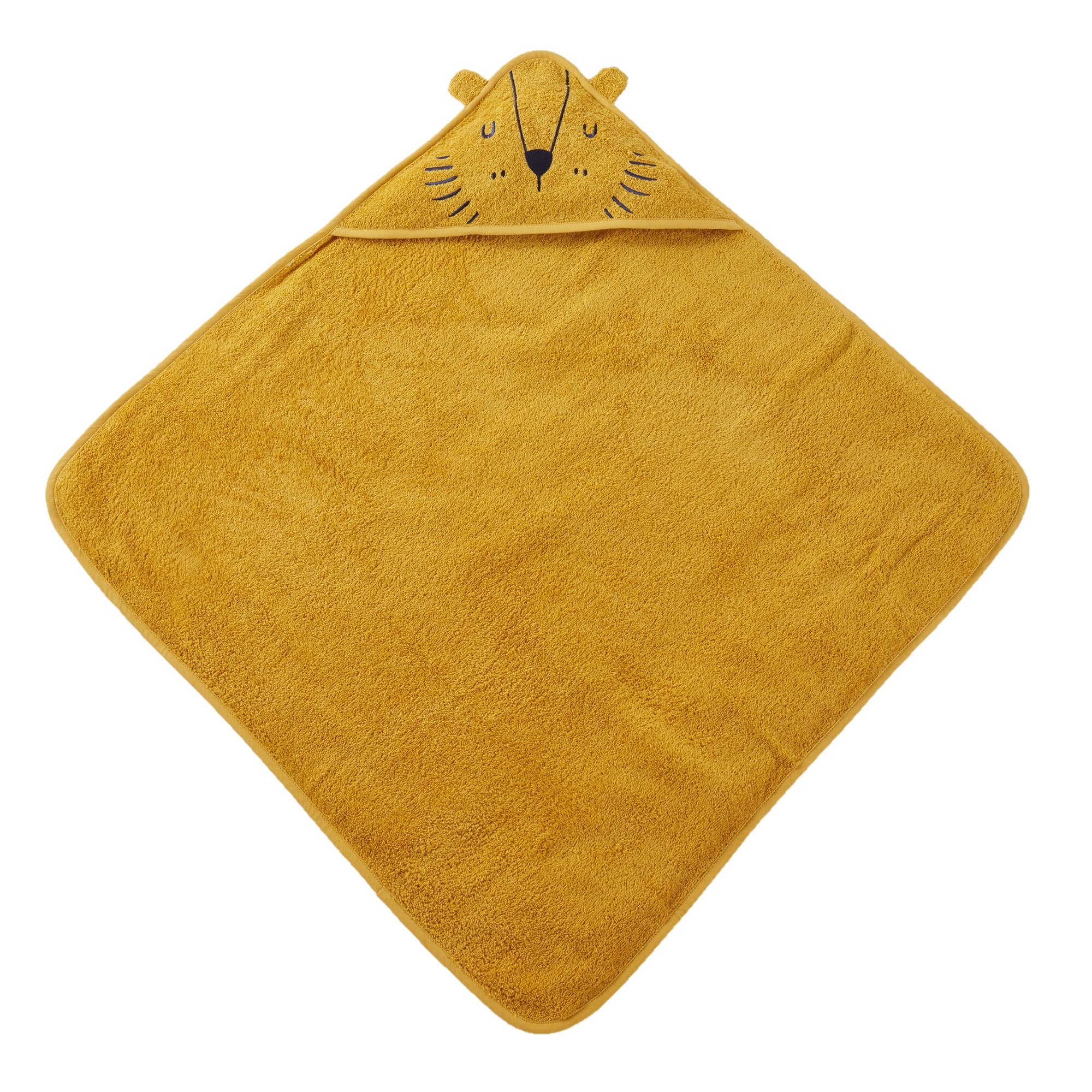 Babybadetuch mit Kapuze 80x80 ausgefaltet in Gelb mit Löwenkopf und Ohren an einer Ecke