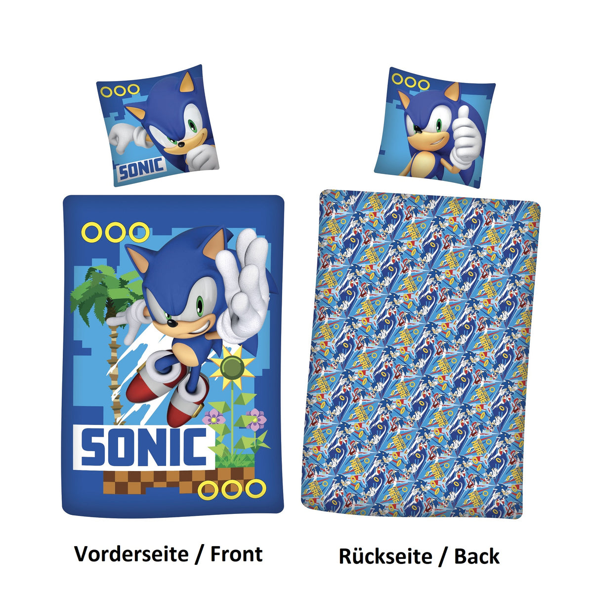 Sonic Bettwäsche für Kinder und Jugendliche 135x200 80x80 cm blaues Motiv mit Sonic aus 100% Baumwolle