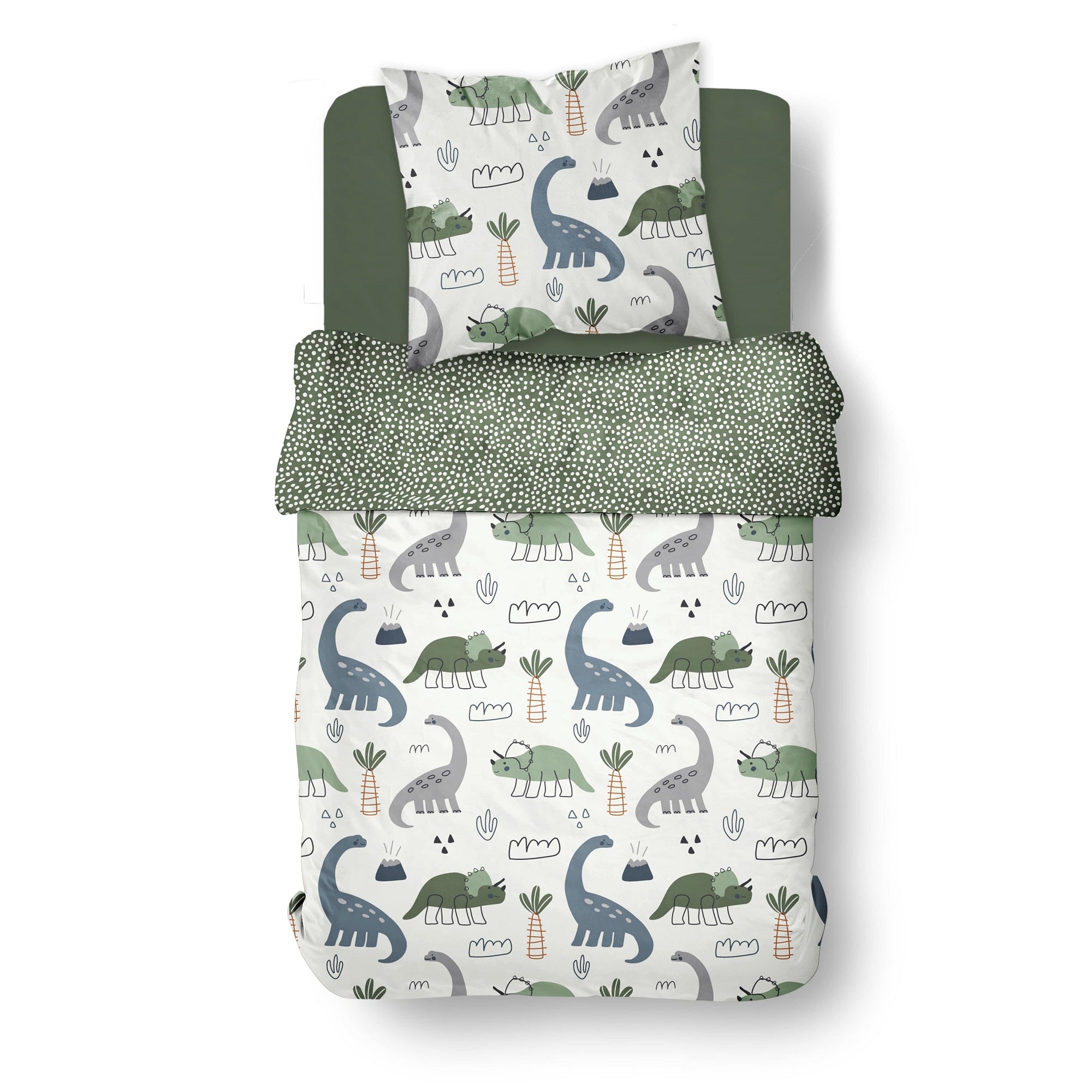 Kinderbettwäsche mit Dinosauriern in weißem Design mit grüner Wendeseite