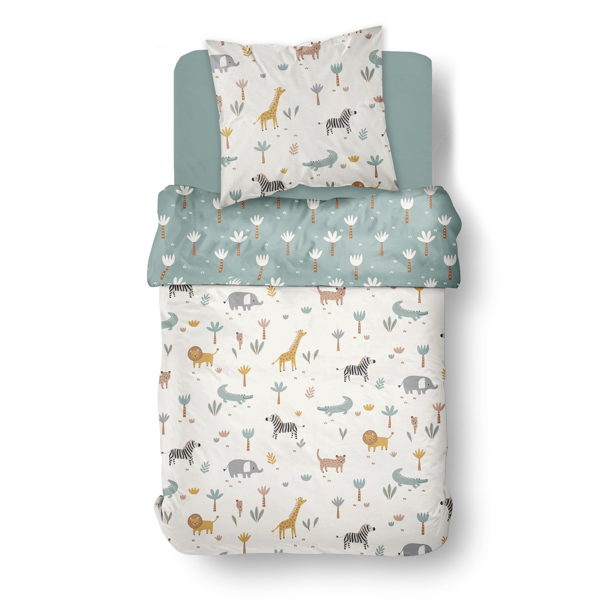 Kinderbettwäsche mit Tieren aus Afrika in weiß-blauem Design mit Wendeseite