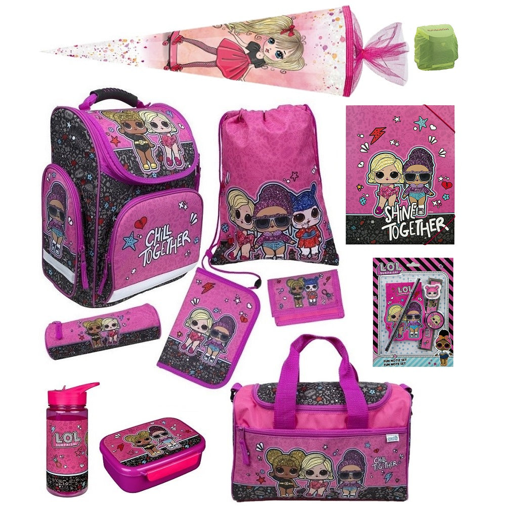 Mädchen Schulranzen von LOL in pink und schwarz im 5-teilige Set mit Federmappe, Turn- und Geldbeutel, sowie Schlamperrolle
