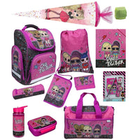Mädchen Schulranzen von LOL in pink und schwarz im 5-teilige Set mit Federmappe, Turn- und Geldbeutel, sowie Schlamperrolle