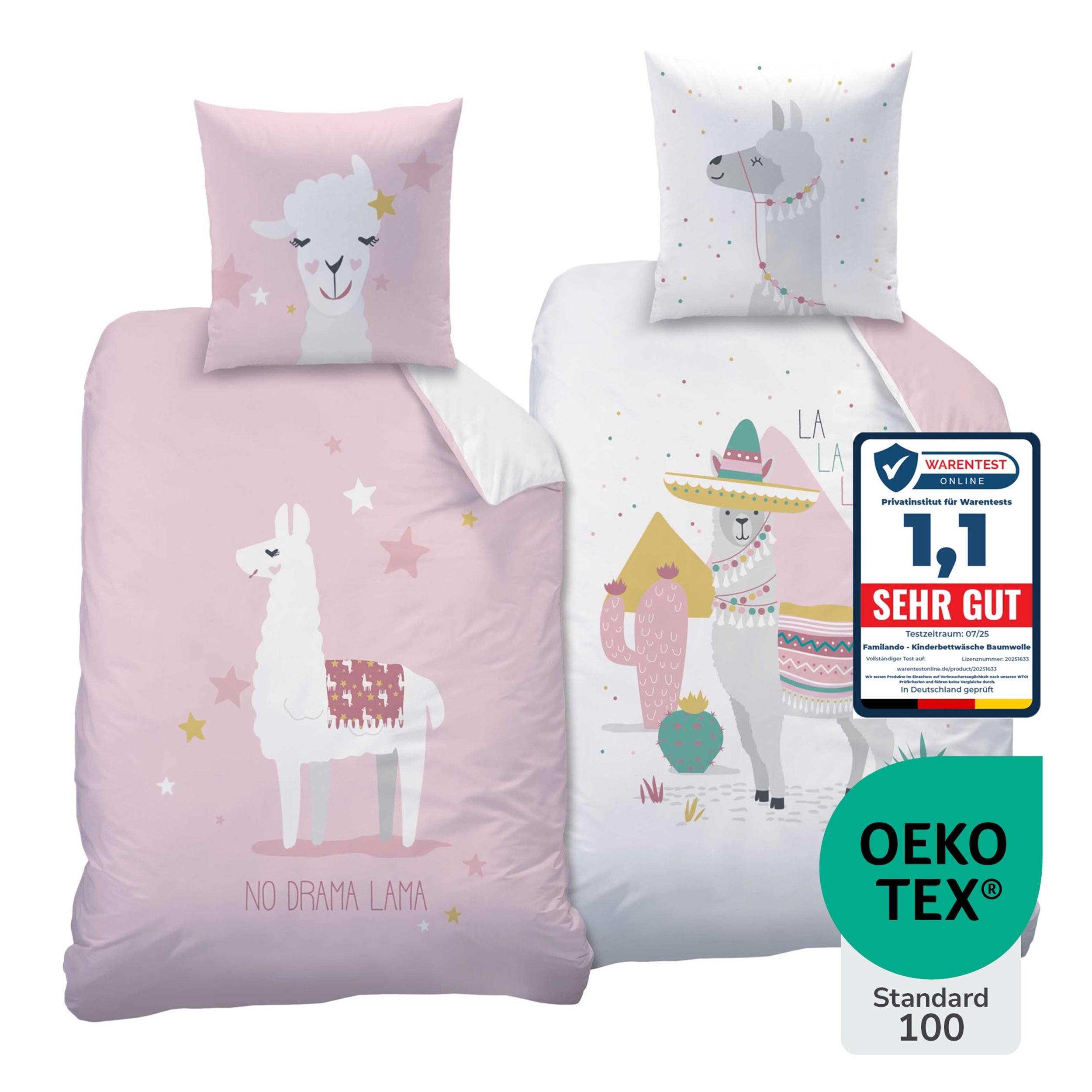 Infotafel Note 1,1 von Warentest Online für Baumwoll-Bettwäsche von Familando + Öko-Tex Standard 100