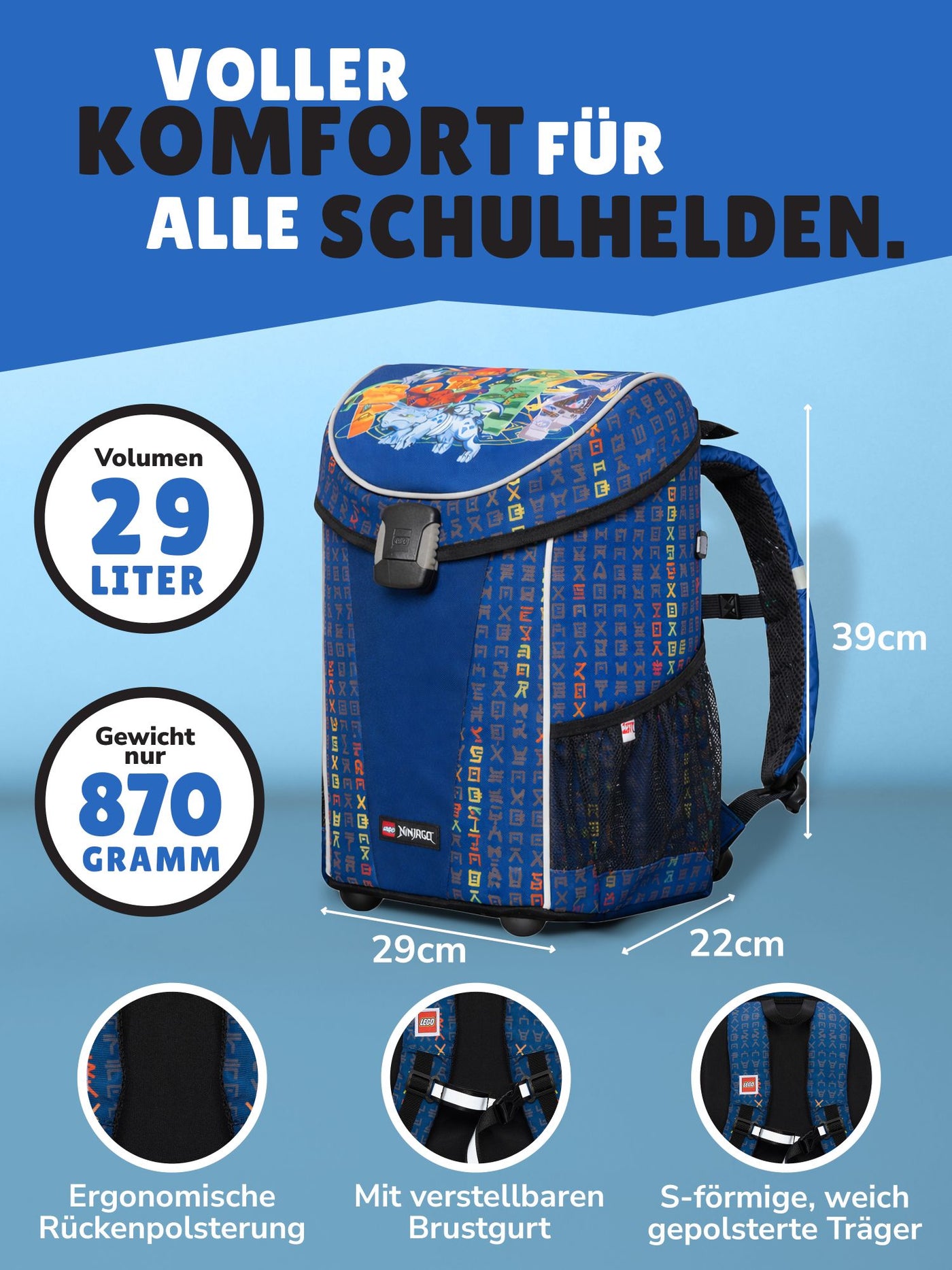 Blauer Lego Ninjago Schulranzen mit Jay Innenansicht mit extra Laptop Fach und Netztasche im Deckel