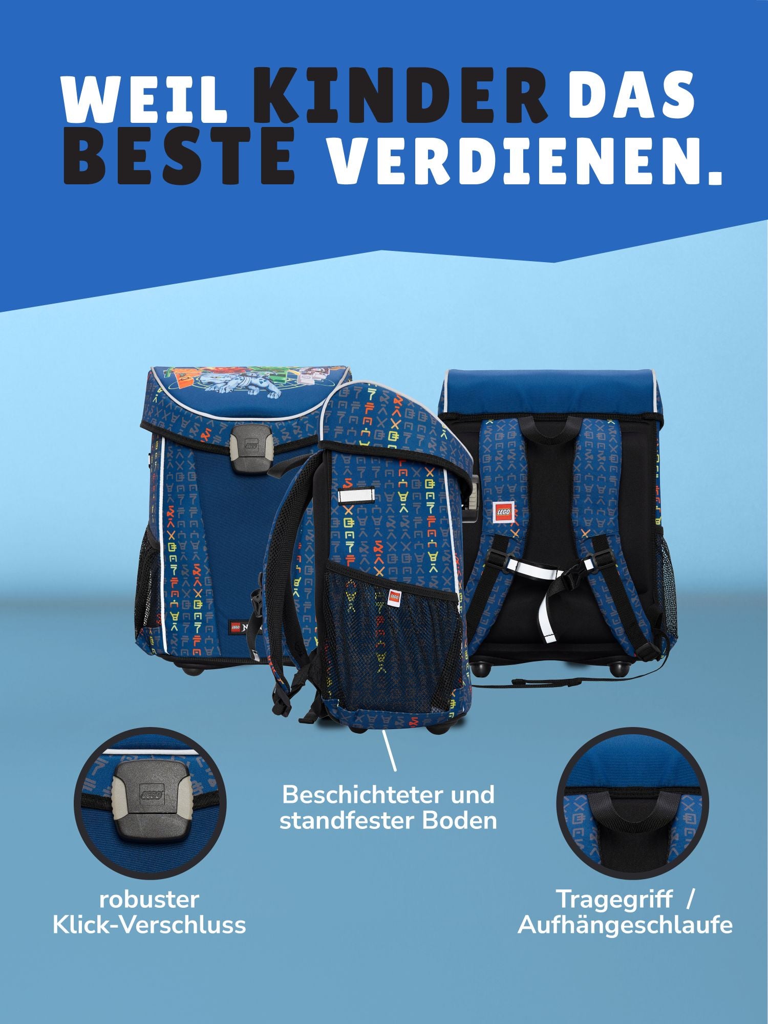 Blauer Lego Ninjago Schulranzen mit Jay Rückansicht mit Schulterpolster und Lagerverstellriemen