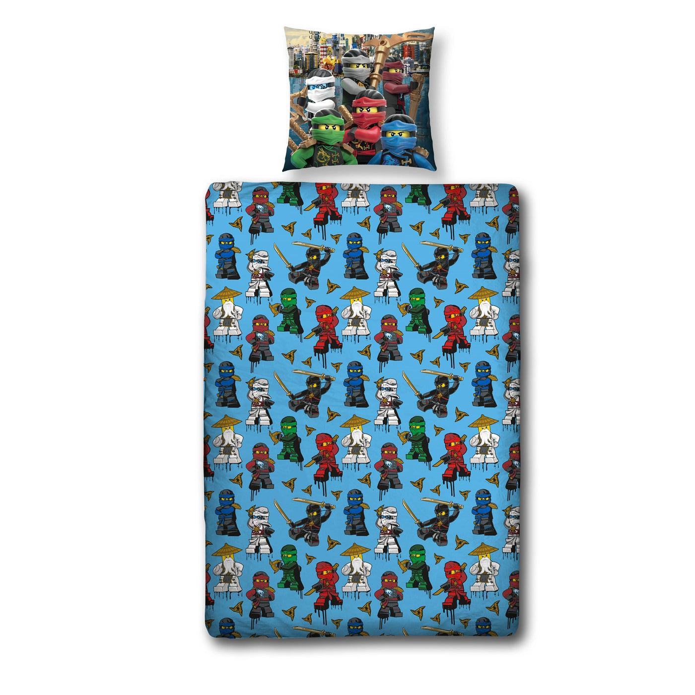 Rückseite Vorderseite Ninjago Bettwäsche mit Lloyd Kai Jay und Meister Wu 135x200 cm