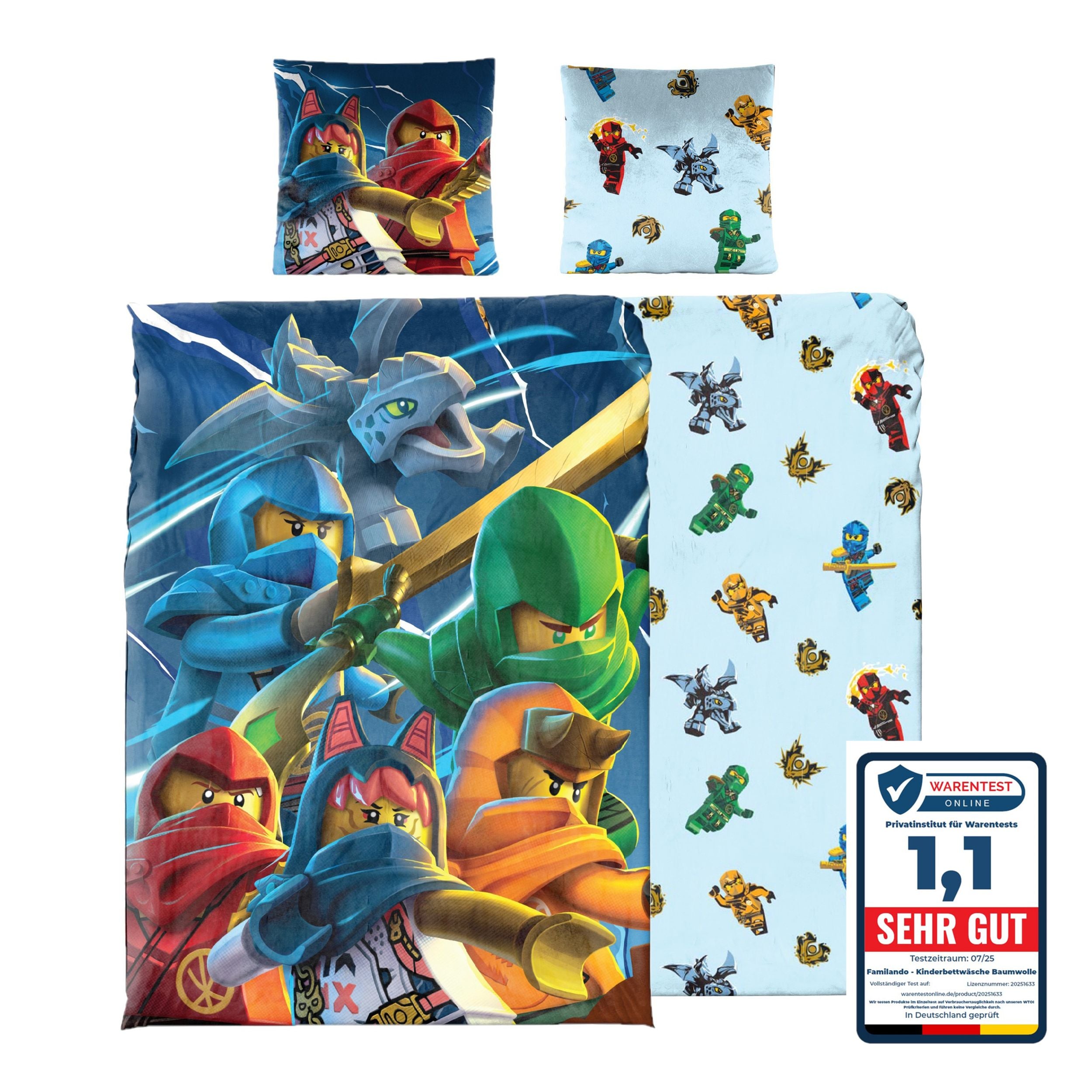Infotafel Material und Waschhinweise der Ninjago Bettwäsche aus 100% Baumwolle mit Reißverschluss