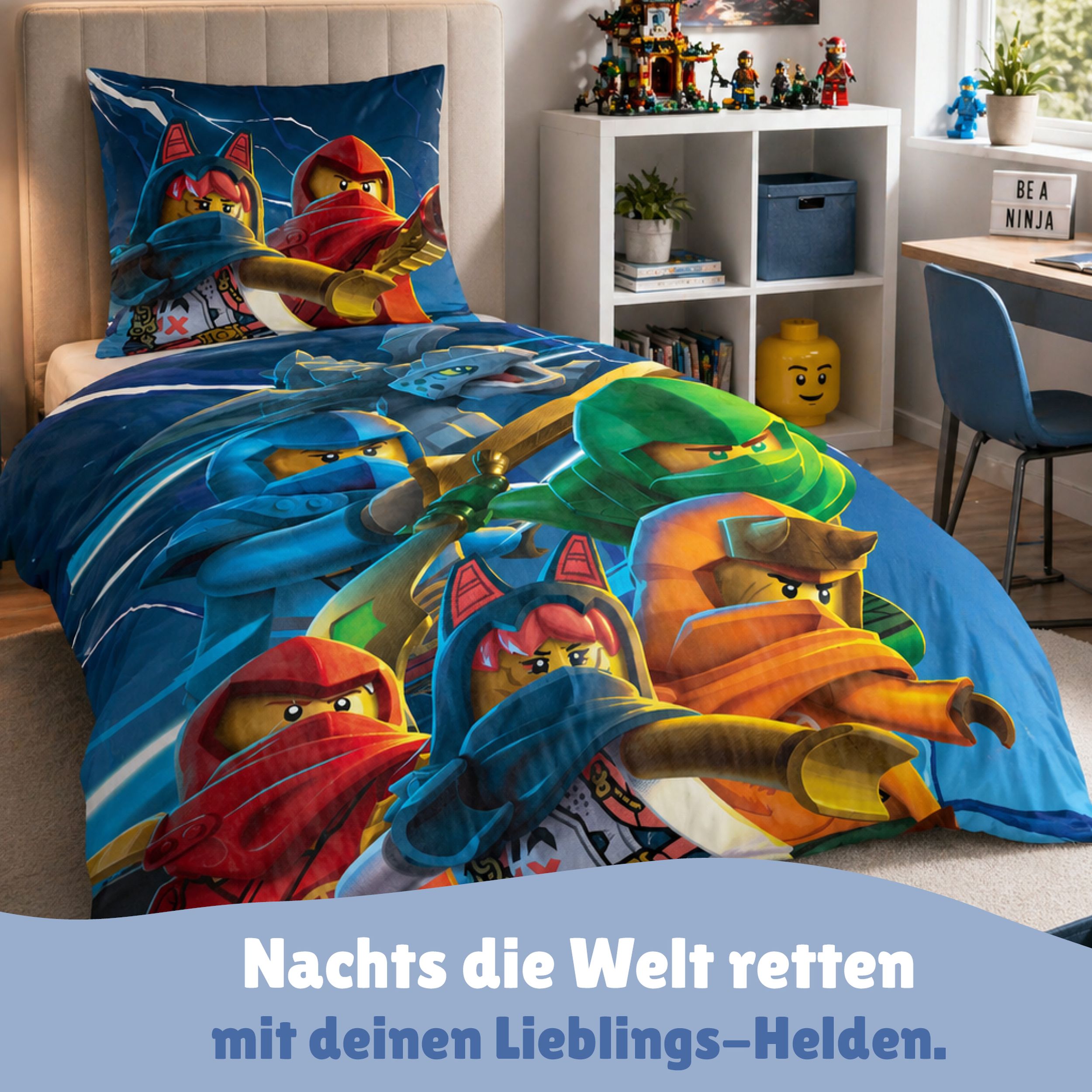Lego Ninjago Bettwäsche 2-teilig 135x200 80x80 cm aus 100% Baumwolle mit Reißverschluss
