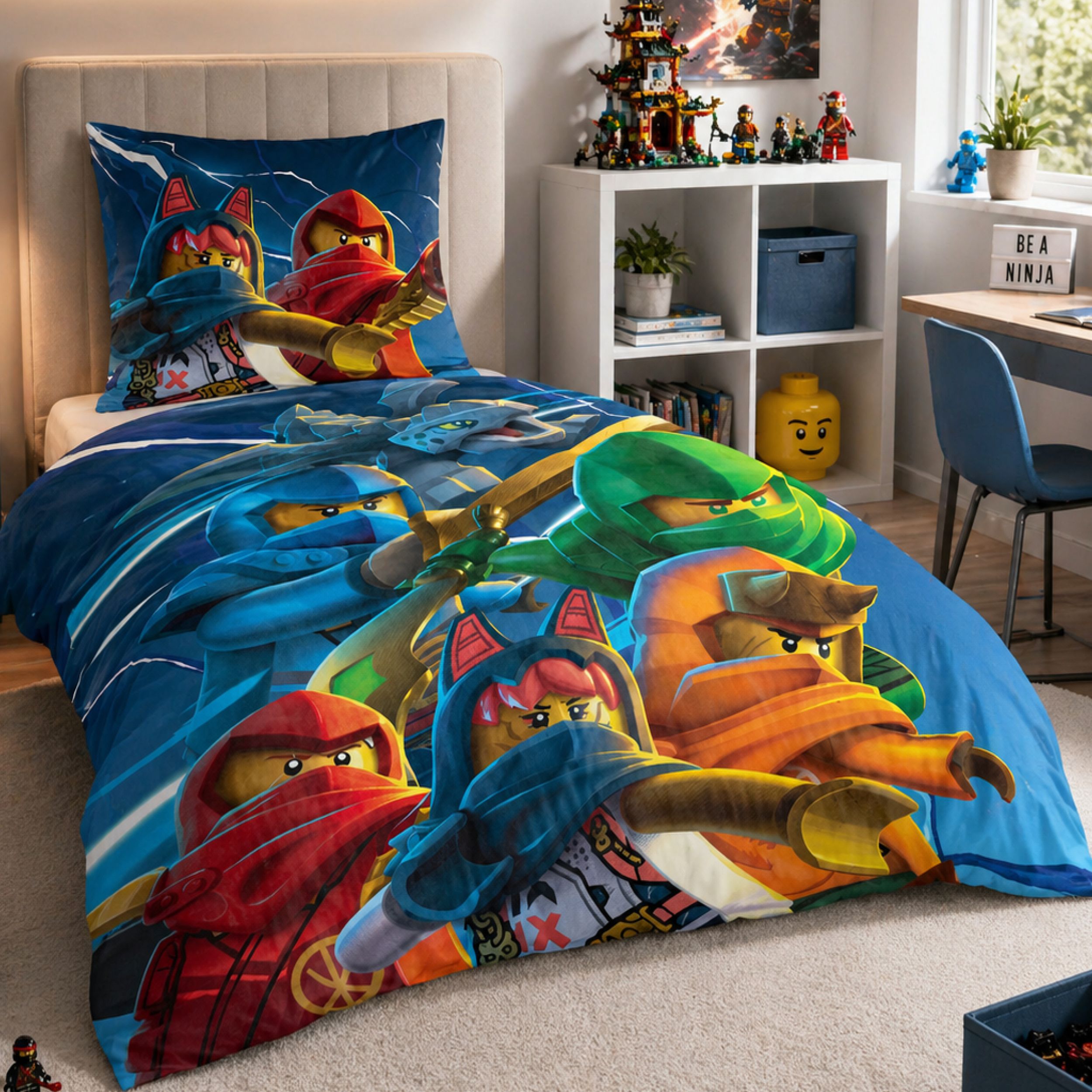 Helle Lego Ninjago Bettwäsche mit wichtigen Ninjagos und Meister Wu auf Bett gezogen