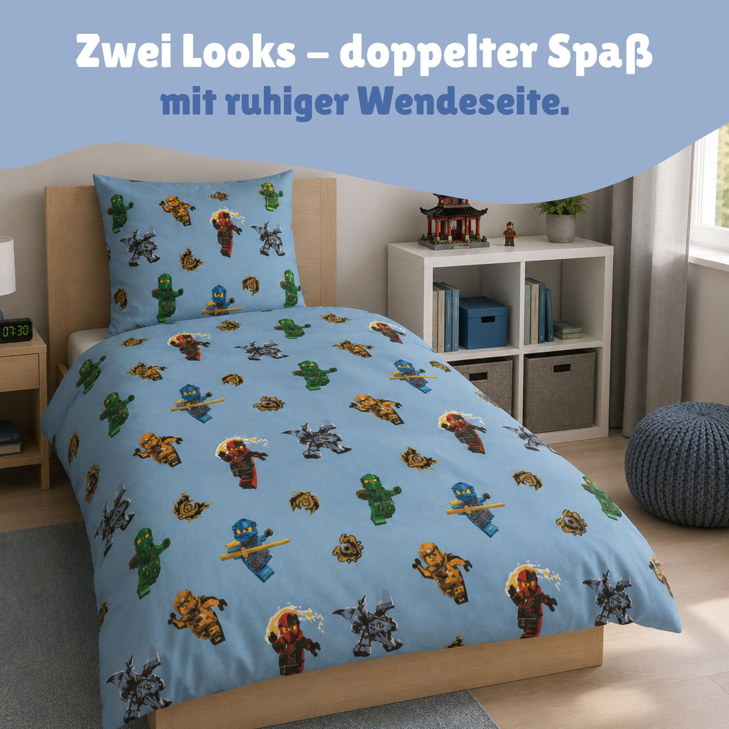 Lego Ninjago Bettwäsche 2-teilig 135x200 80x80 cm aus 100% Baumwolle mit Reißverschluss