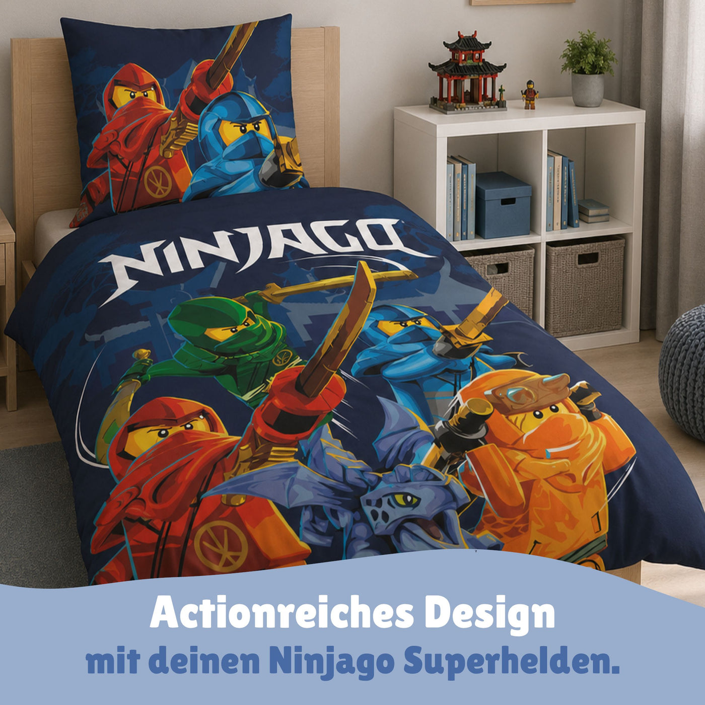 Lego Ninjago Bettwäsche 2-teilig 135x200 80x80 cm aus 100% Baumwolle mit Reißverschluss